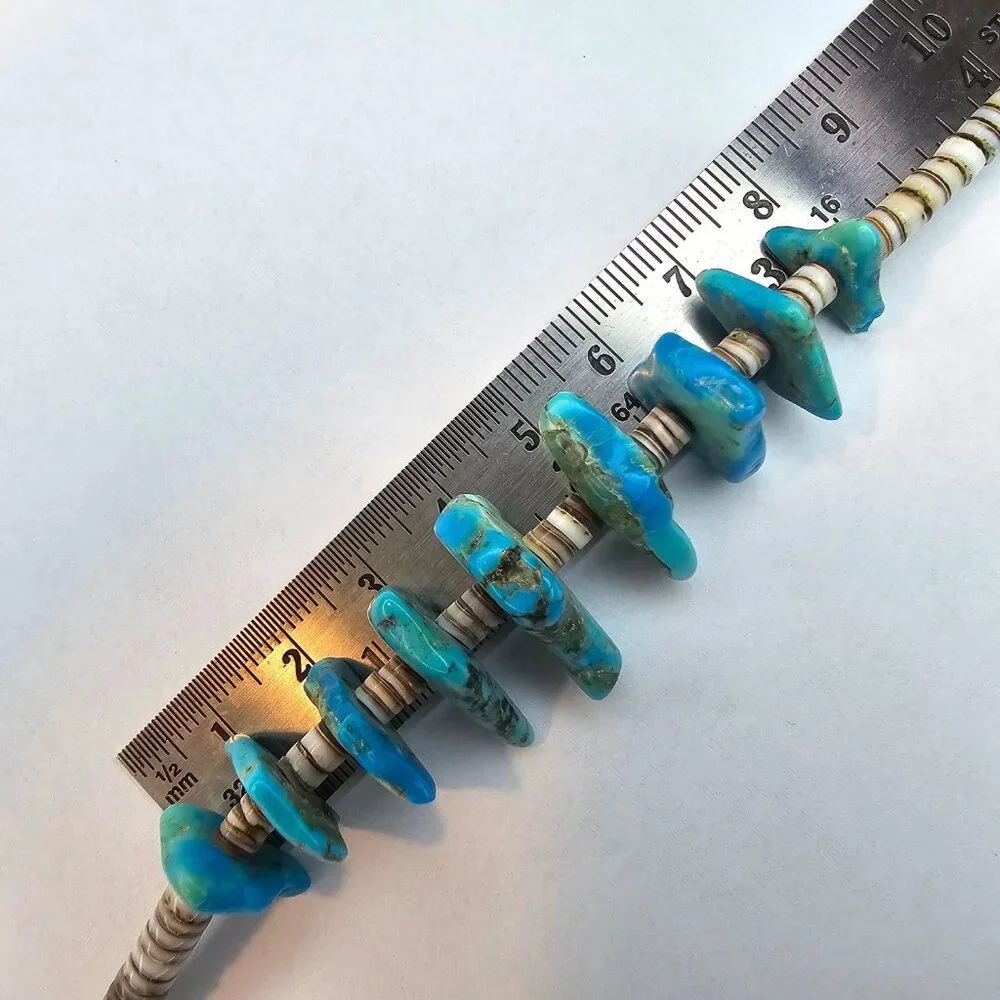 Vintage Natural Nugget Turquoise & Heishi Shell Beaded Chocker Necklace, 15” - Picture 4 of 7